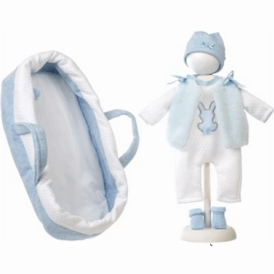 Pelele blanco y azul con Capazo para Muñecos de 42 cm LLorens 74011
