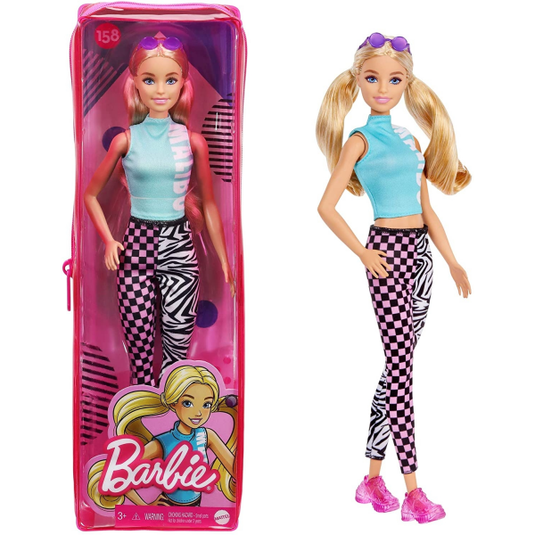 Barbie Fashionista Muñeca rubia con top Malibu, leggings con dos estampados y accesorios de moda Nº 158 Mattel GRB50