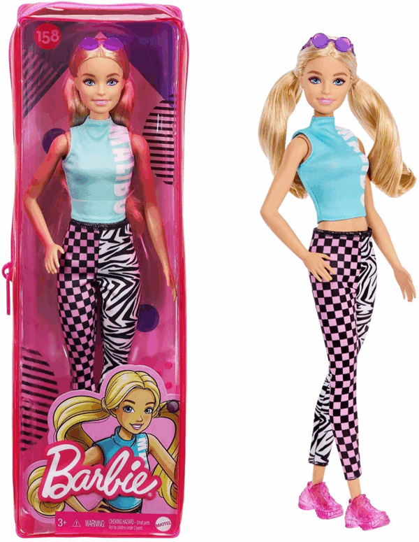Barbie Fashionista Muñeca rubia con top Malibu, leggings con dos estampados y accesorios de moda Nº 158 Mattel GRB50