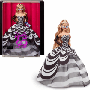 Barbie Signature 65 Aniversario Muñeca Rubia con Vestido de Rayas Blancas y Negras de Gala Mattel HRM58