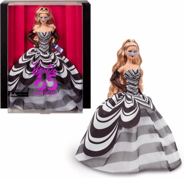 Barbie Signature 65 Aniversario Muñeca Rubia con Vestido de Rayas Blancas y Negras de Gala Mattel HRM58