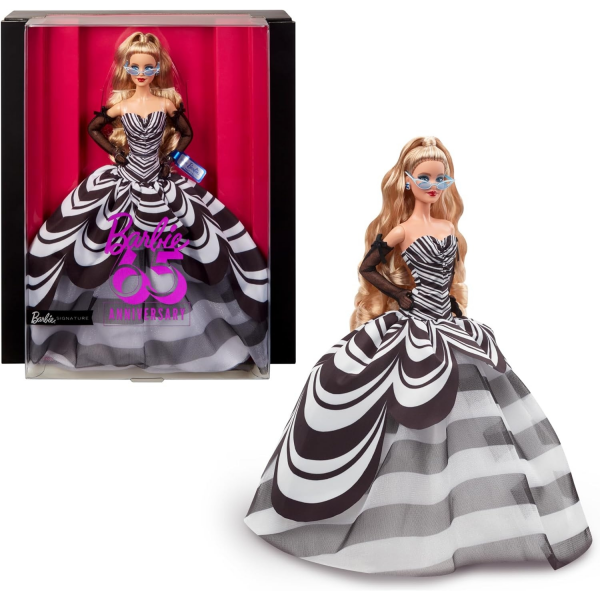 Barbie Signature 65 Aniversario Muñeca Rubia con Vestido de Rayas Blancas y Negras de Gala Mattel HRM58