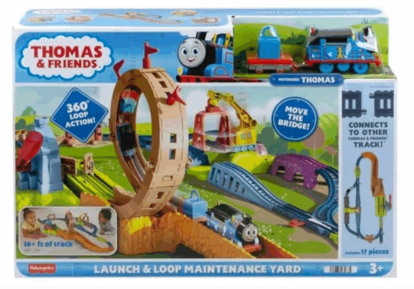Thomas pista circuito deljardíb, tren con bucle y lanzamiento con motor motorizado Thomas y la grúa Carly Mattel HHN25