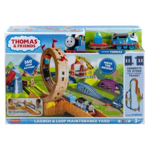 Thomas pista circuito deljardíb, tren con bucle y lanzamiento con motor motorizado Thomas y la grúa Carly Mattel HHN25