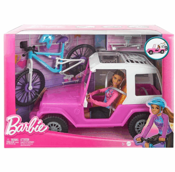 Barbie con bici de montaña y coche Jeep Mattel HKB06