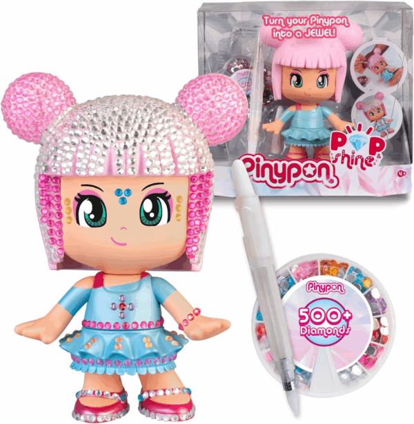 Pinypon Pop ShineFigura de 17 cm para Decorar y Personalizar con 500 Cristales Brillantes de 7 Colores Diferentes, Famosa PNY57000