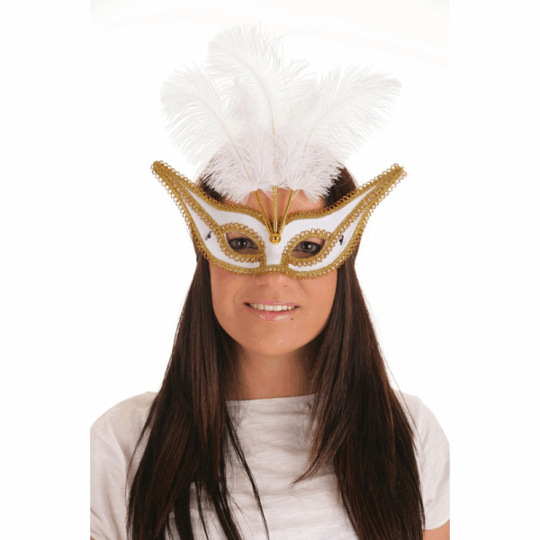 Antifaz tres plumas blanco o negra con oro import