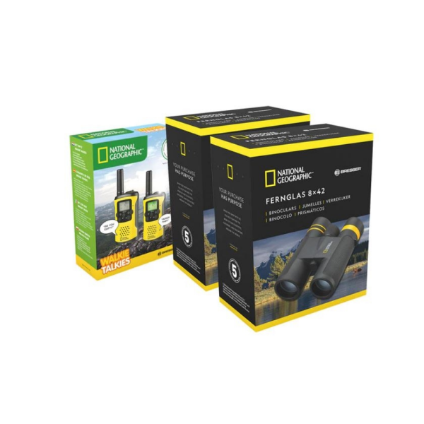 Pack 2 prismaticos + juego 2 walkies national geographic bresser 9129